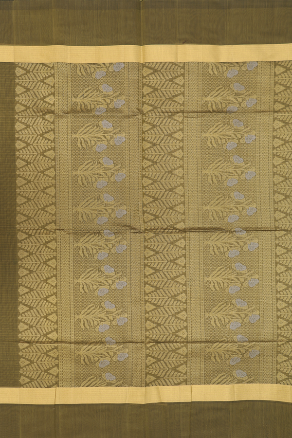 Kora Silk Cotton Saree In Pear Green With Floral Motifs