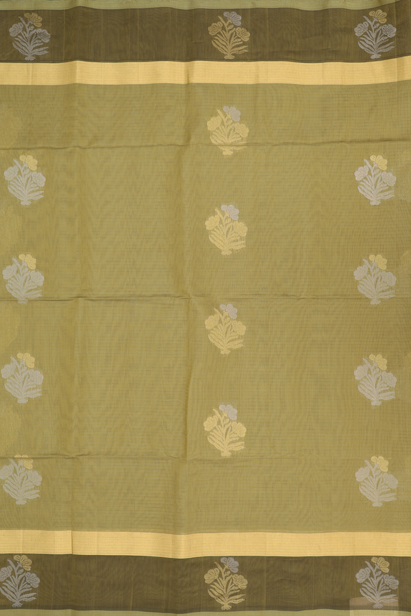 Kora Silk Cotton Saree In Pear Green With Floral Motifs