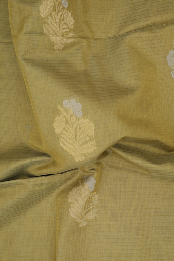 Kora Silk Cotton Saree In Pear Green With Floral Motifs
