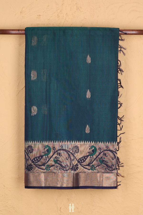 Kora Silk Cotton Saree In Pine Green With Floral Buttas