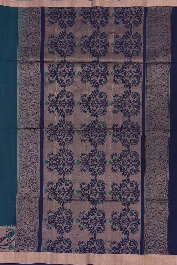Kora Silk Cotton Saree In Pine Green With Floral Buttas