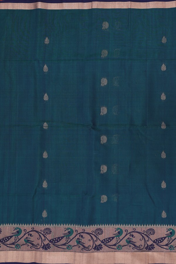 Kora Silk Cotton Saree In Pine Green With Floral Buttas