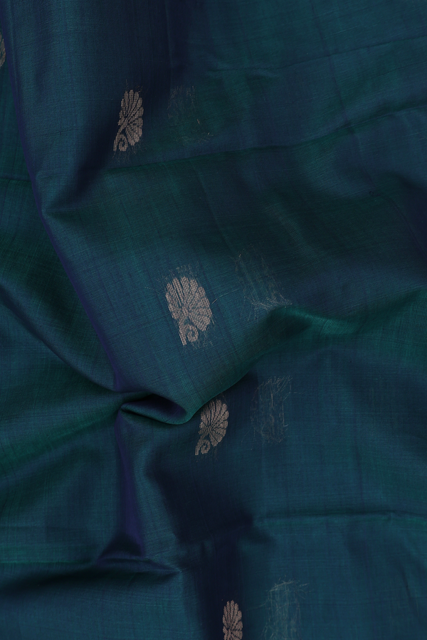 Kora Silk Cotton Saree In Pine Green With Floral Buttas