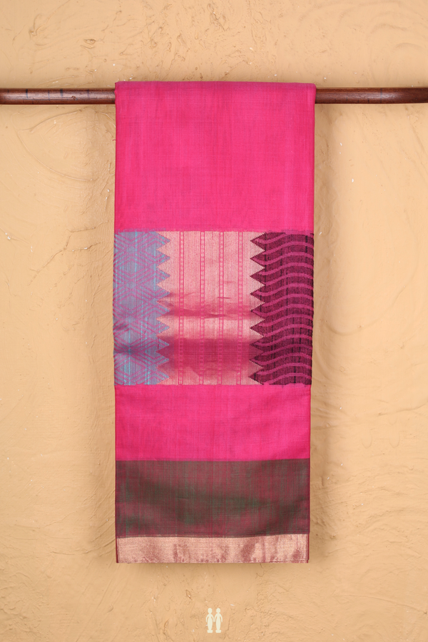 Kora Silk Cotton Saree In Pink With Contrast Border
