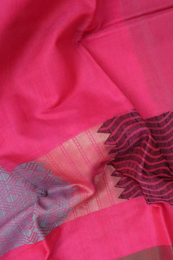 Kora Silk Cotton Saree In Pink With Contrast Border