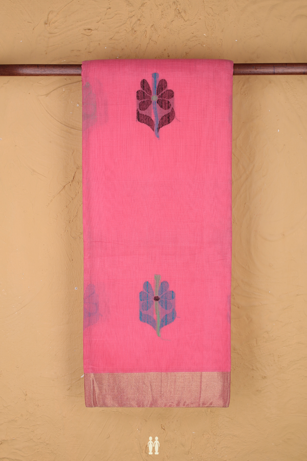 Kora Silk Cotton Saree In Pink With Floral Motifs