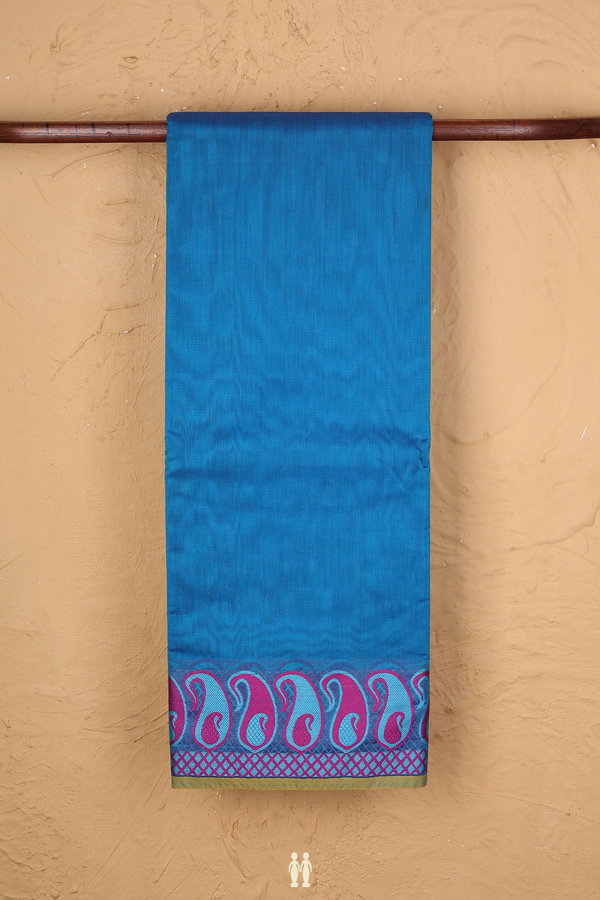 Kora Silk Cotton Saree In Plain Blue With Paisley Border