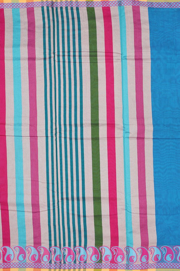 Kora Silk Cotton Saree In Plain Blue With Paisley Border