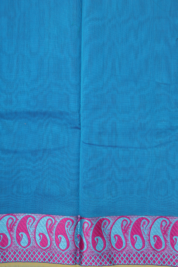 Kora Silk Cotton Saree In Plain Blue With Paisley Border