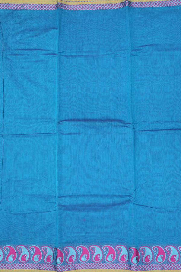 Kora Silk Cotton Saree In Plain Blue With Paisley Border