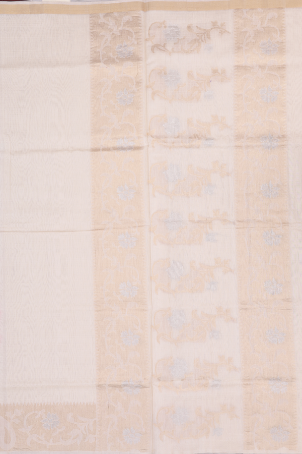 Kora Silk Cotton Saree In Plain Ivory With Paisley Border