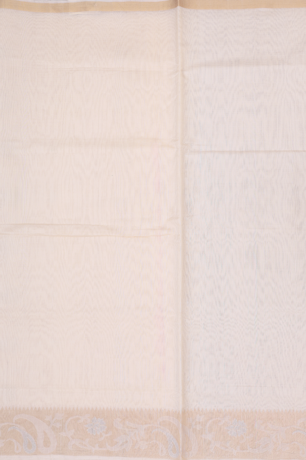 Kora Silk Cotton Saree In Plain Ivory With Paisley Border