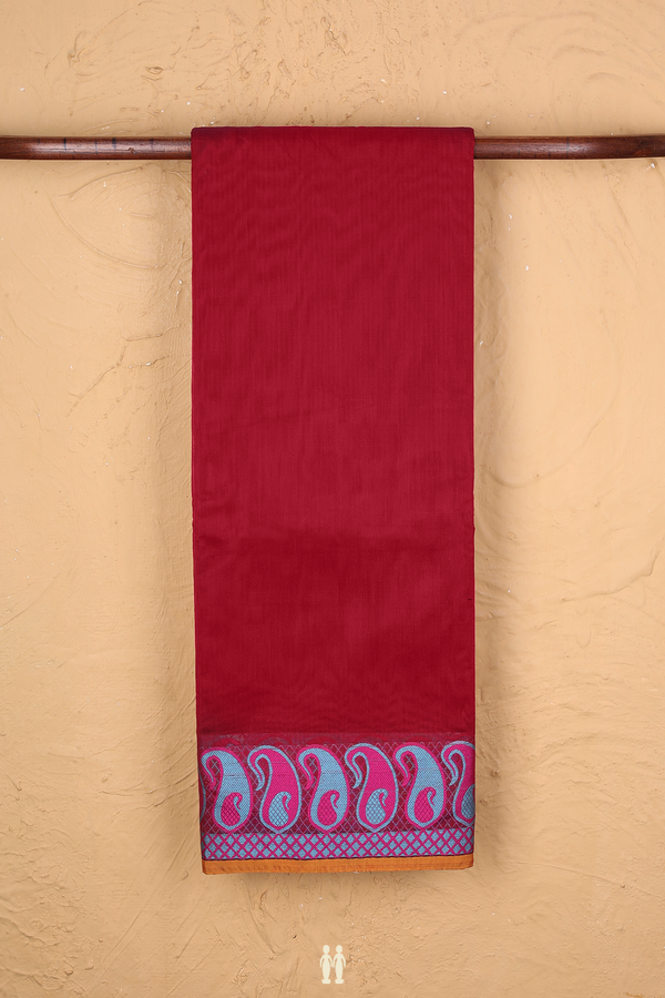 Kora Silk Cotton Saree In Plain Red With Paisley Border