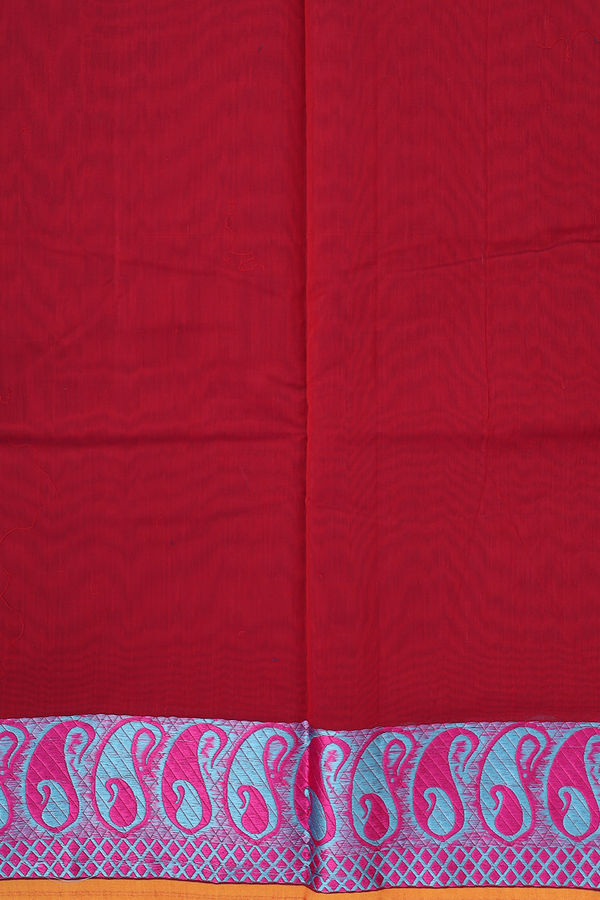 Kora Silk Cotton Saree In Plain Red With Paisley Border