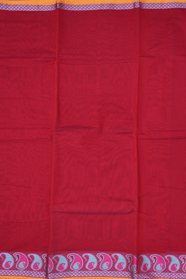 Kora Silk Cotton Saree In Plain Red With Paisley Border