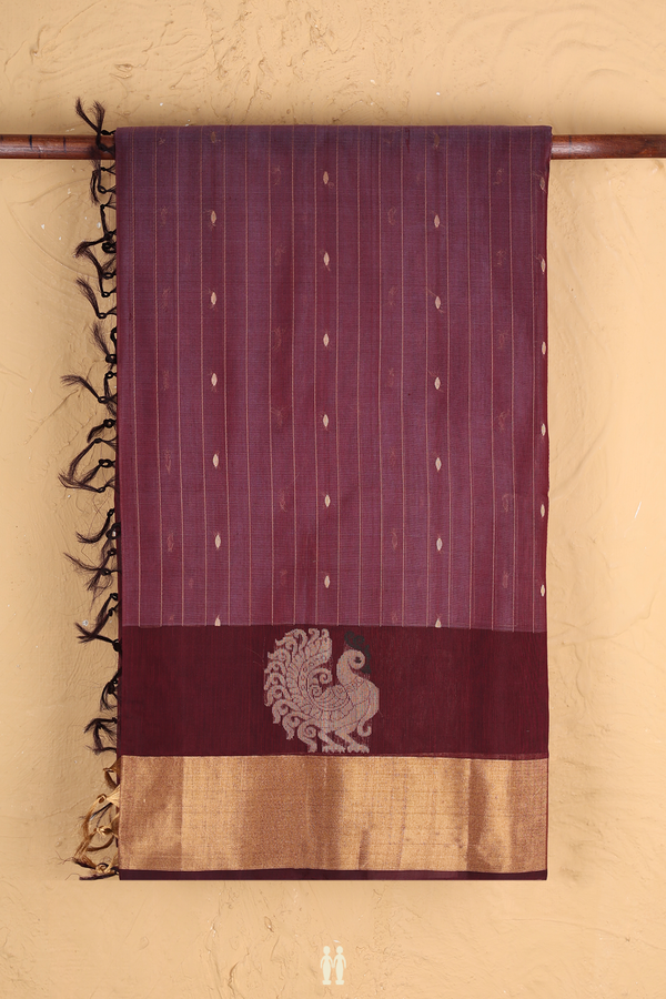 Kora Silk Cotton Saree In Plum Brown With Stripes Design