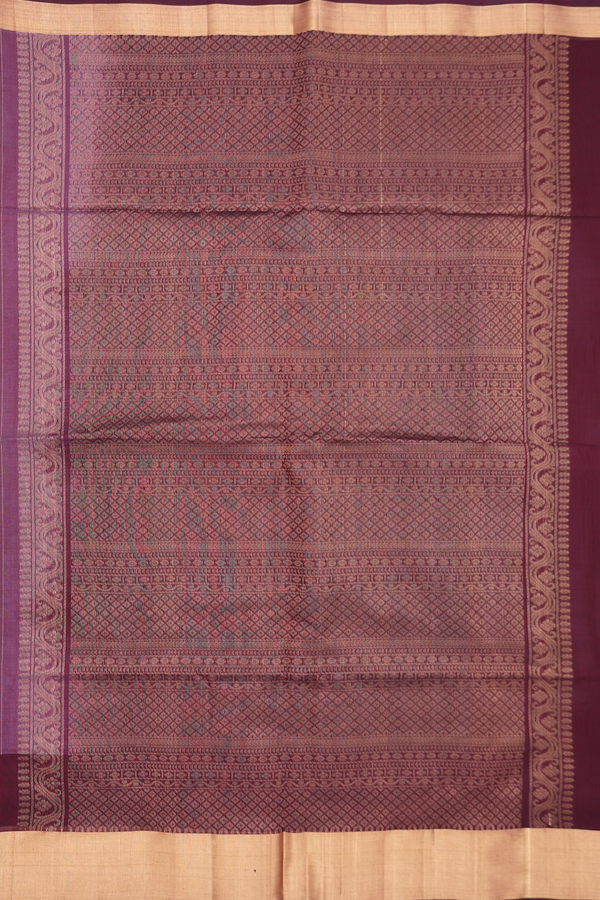 Kora Silk Cotton Saree In Plum Brown With Stripes Design