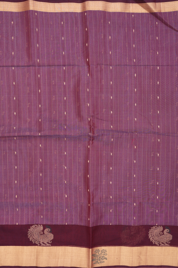 Kora Silk Cotton Saree In Plum Brown With Stripes Design