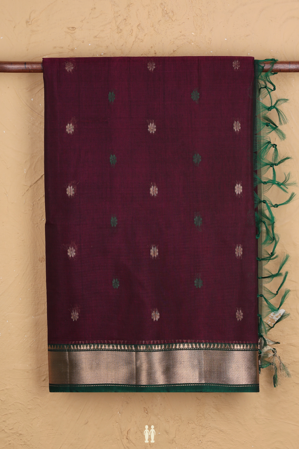 Kora Silk Cotton Saree In Plum Purple With Floral Buttas