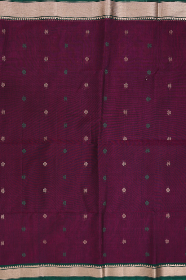 Kora Silk Cotton Saree In Plum Purple With Floral Buttas