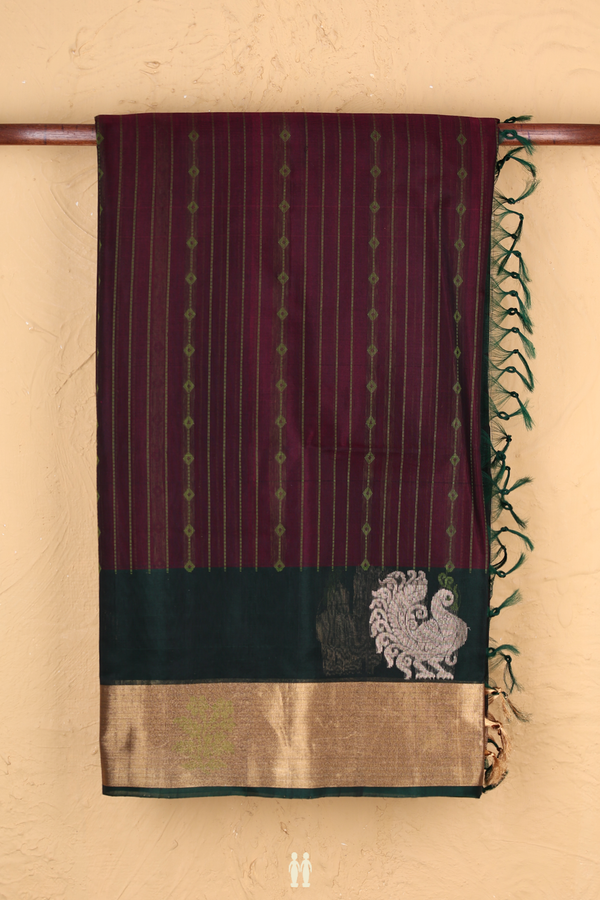 Kora Silk Cotton Saree In Plum Purple With Stripes Design