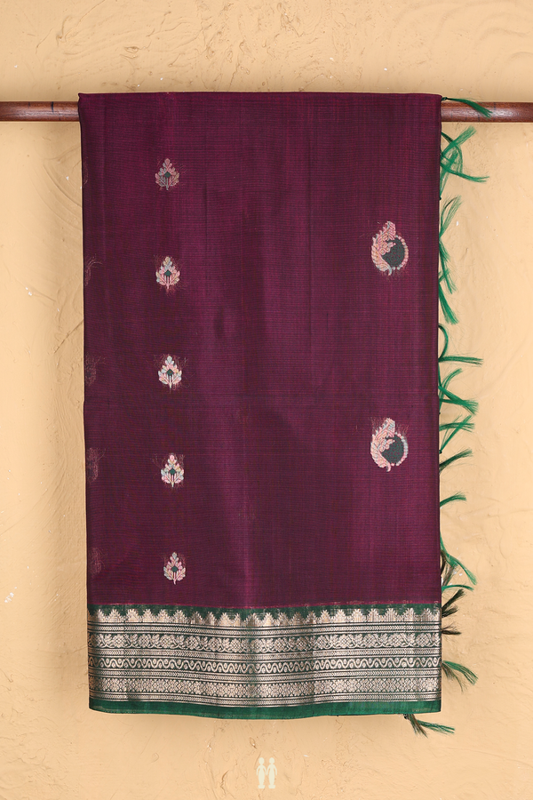 Kora Silk Cotton Saree In Plum Purple With Zari Buttas