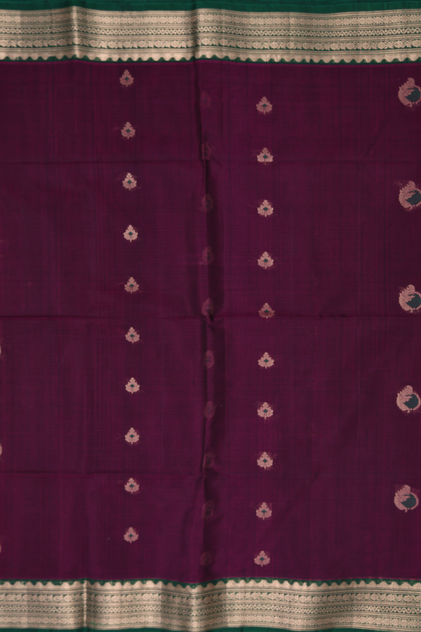 Kora Silk Cotton Saree In Plum Purple With Zari Buttas