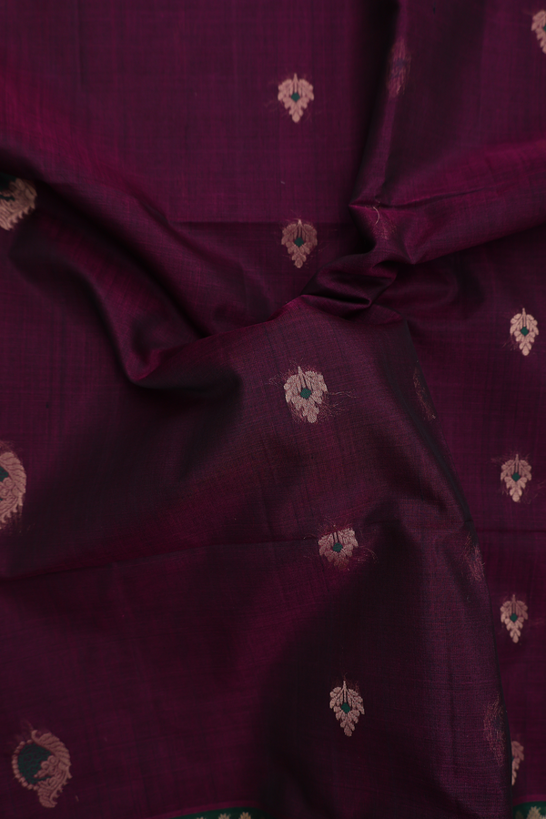 Kora Silk Cotton Saree In Plum Purple With Zari Buttas