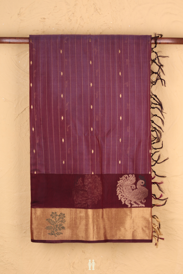 Kora Silk Cotton Saree In Plum Red With Stripes Design
