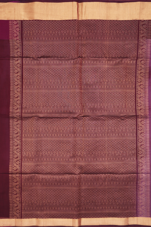 Kora Silk Cotton Saree In Plum Red With Stripes Design