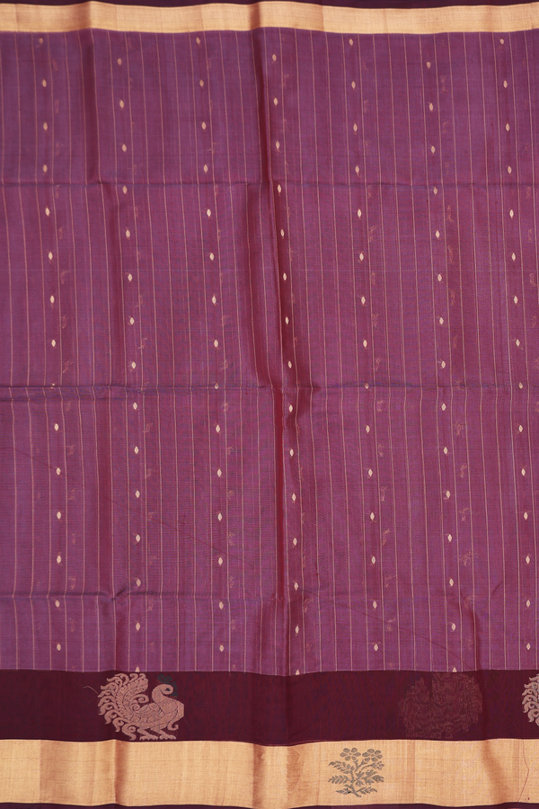 Kora Silk Cotton Saree In Plum Red With Stripes Design