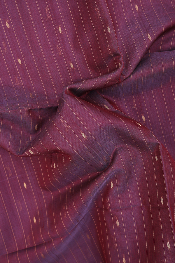 Kora Silk Cotton Saree In Plum Red With Stripes Design