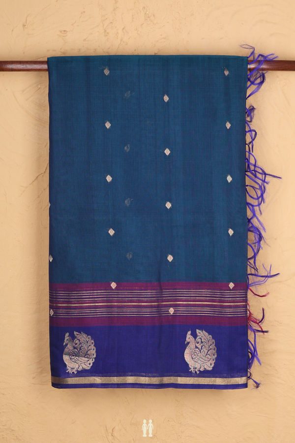 Kora Silk Cotton Saree In Prussian Blue With Diamond Buttis