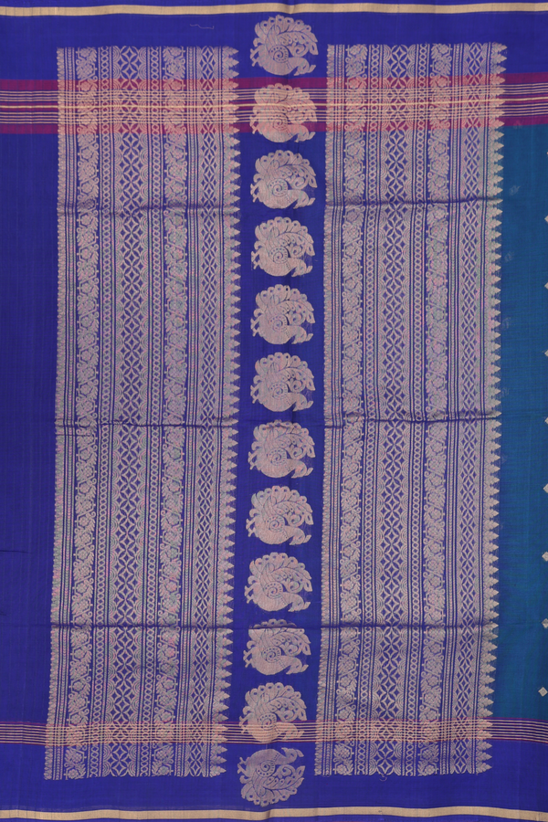 Kora Silk Cotton Saree In Prussian Blue With Diamond Buttis