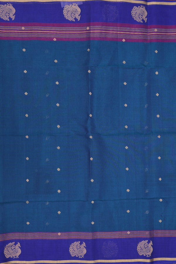 Kora Silk Cotton Saree In Prussian Blue With Diamond Buttis