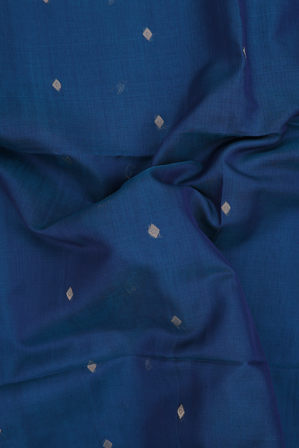 Kora Silk Cotton Saree In Prussian Blue With Diamond Buttis