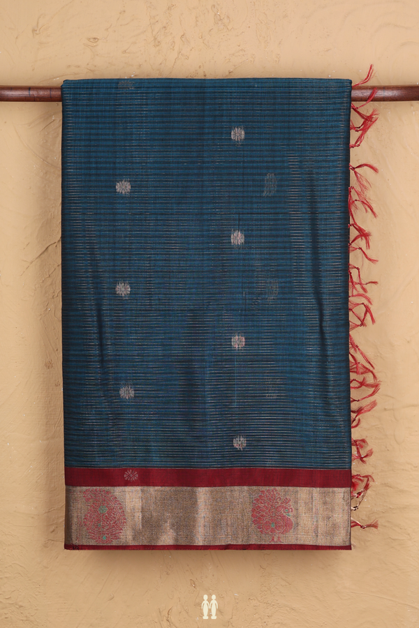 Kora Silk Cotton Saree In Teal Blue With Stripes Design