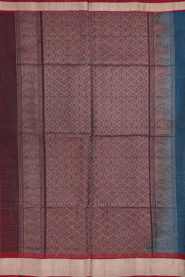 Kora Silk Cotton Saree In Teal Blue With Stripes Design