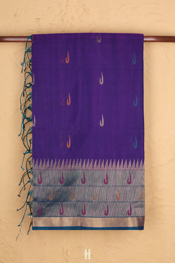 Kora Silk Cotton Saree In Purple With Threadwork Buttas