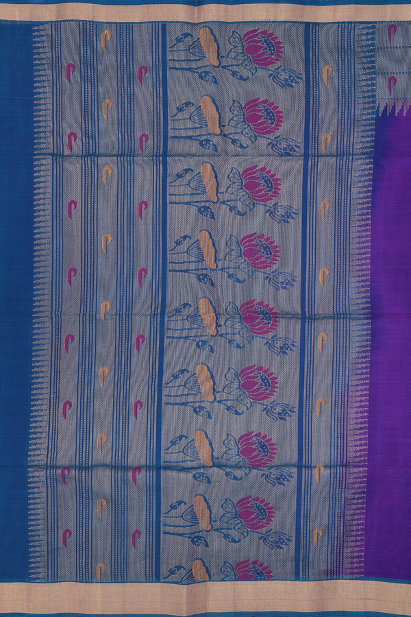 Kora Silk Cotton Saree In Purple With Threadwork Buttas