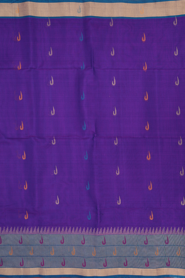 Kora Silk Cotton Saree In Purple With Threadwork Buttas