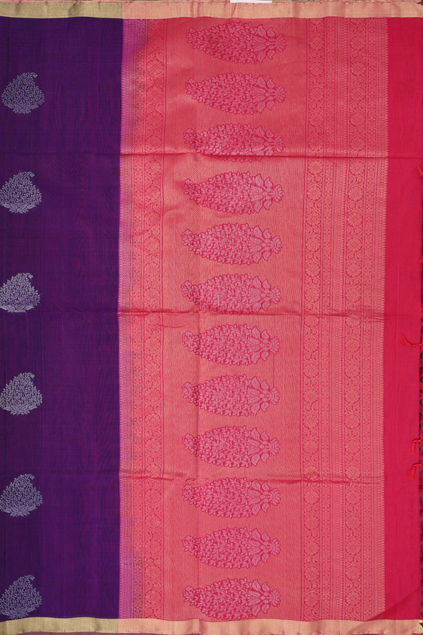 Kora Silk Cotton Saree In Purple With Paisley Motifs