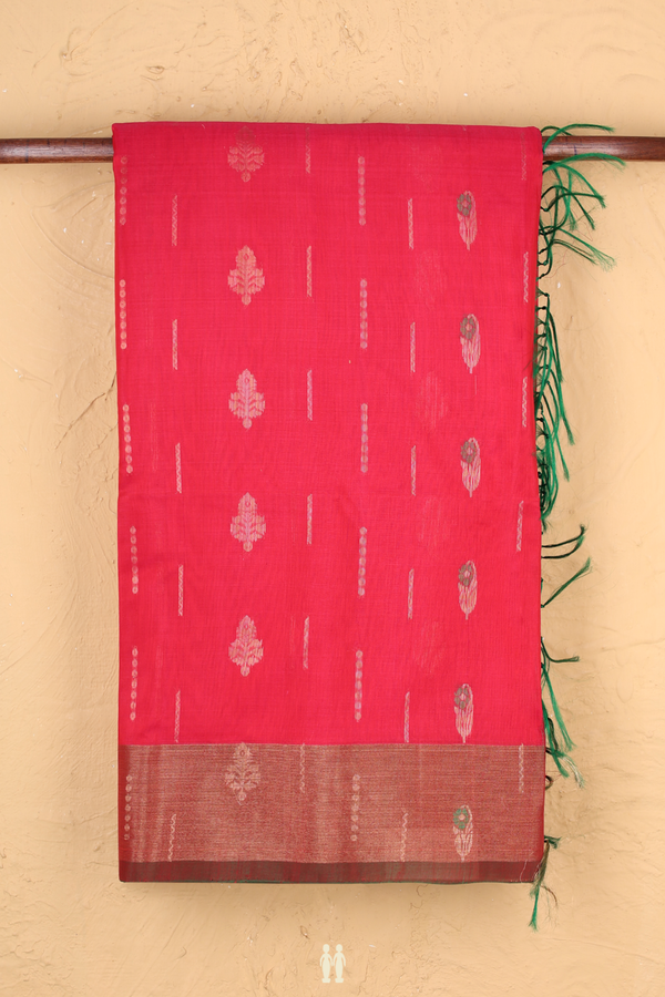 Kora Silk Cotton Saree In Rani Pink With Floral Buttas