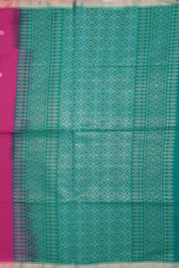 Kora Silk Cotton Saree In Rani Pink With Rudraksh Buttas