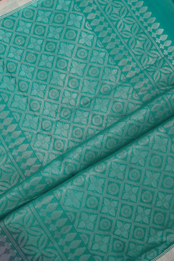 Kora Silk Cotton Saree In Rani Pink With Rudraksh Buttas
