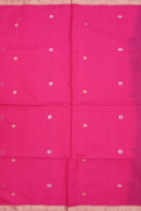Kora Silk Cotton Saree In Rani Pink With Rudraksh Buttas