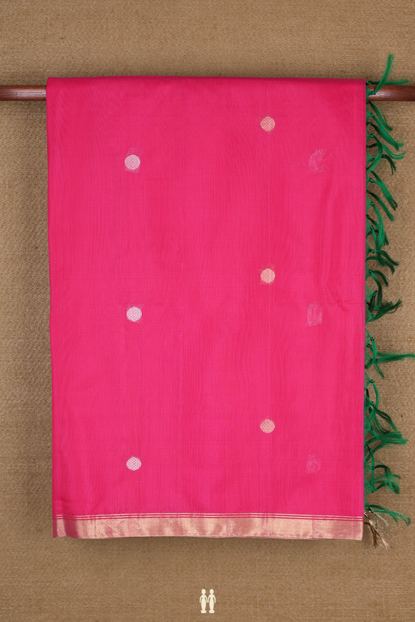 Kora Silk Cotton Saree In Rani Pink With Rudraksh Buttas