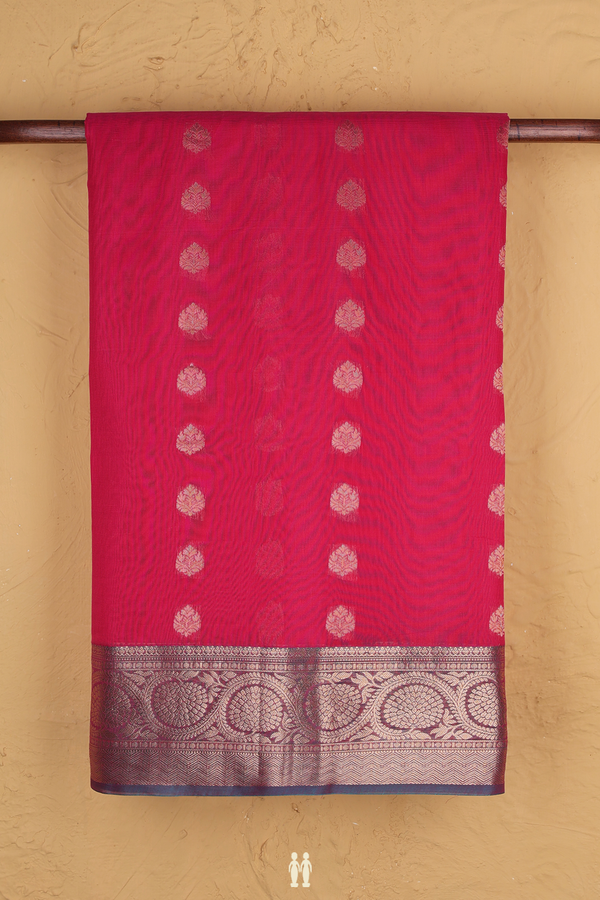 Kora Silk Cotton Saree In Rani Pink With Zari Buttas