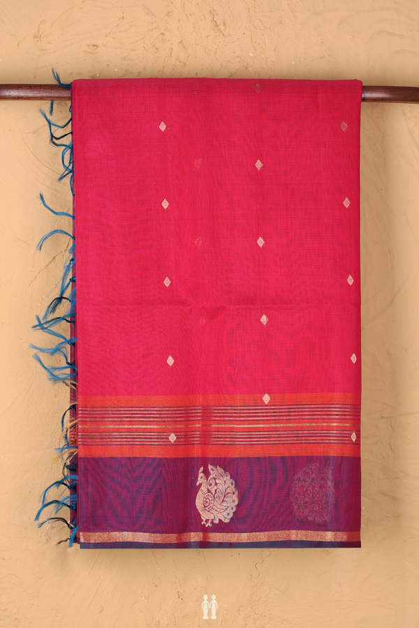 Kora Silk Cotton Saree In Rani Pink With Zari Buttas