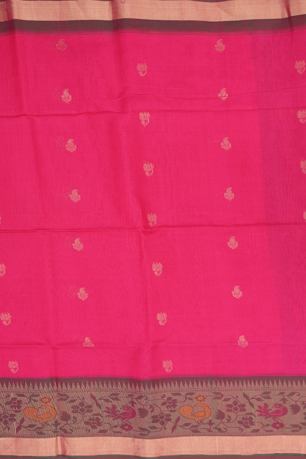Kora Silk Cotton Saree In Rani Pink With Zari Buttas